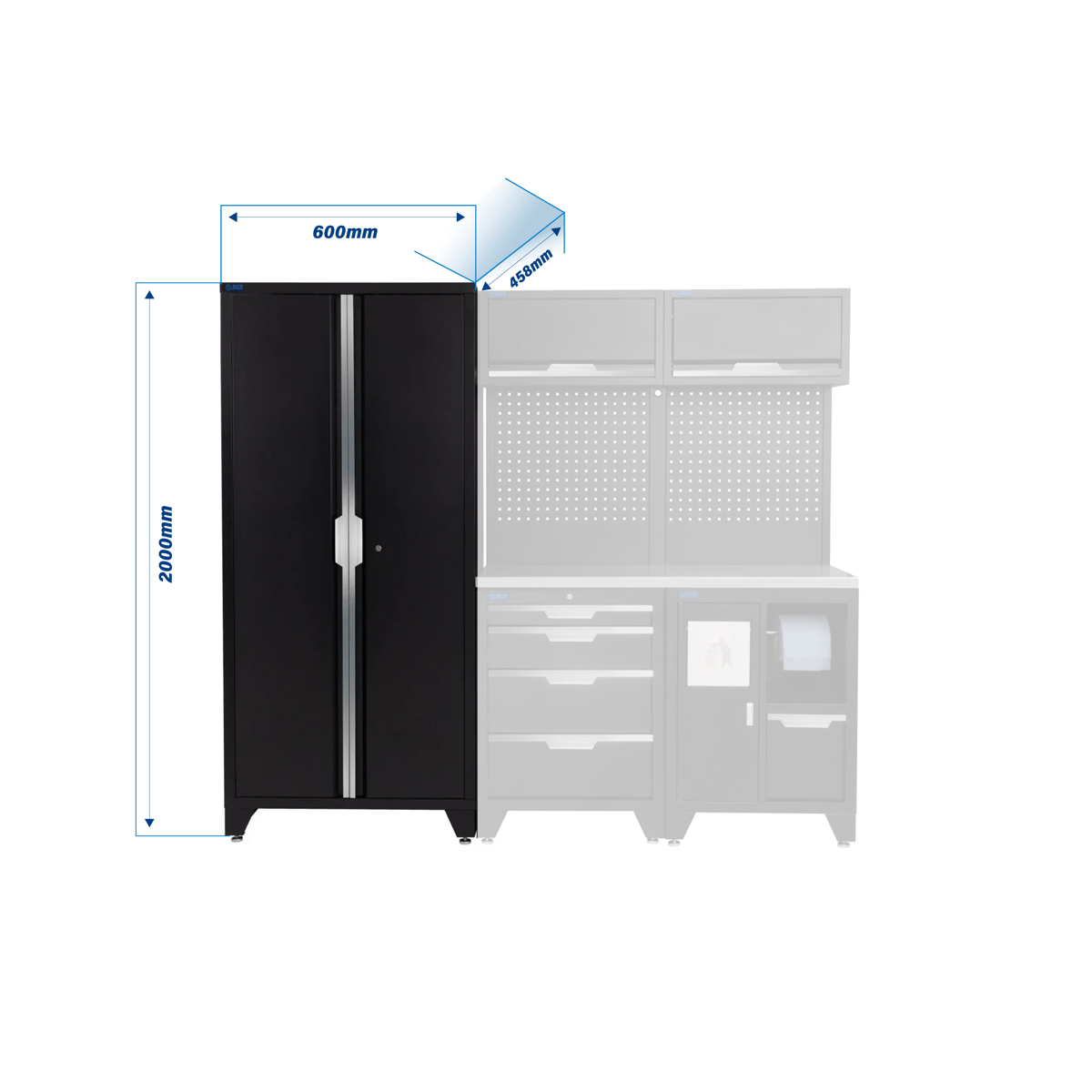 SGS 7pc Garage Storage System | 4 Drawers | Stainless Steel Worktop | Bin Unit | 2x Upper Cabinets | Tall Double Cabinet